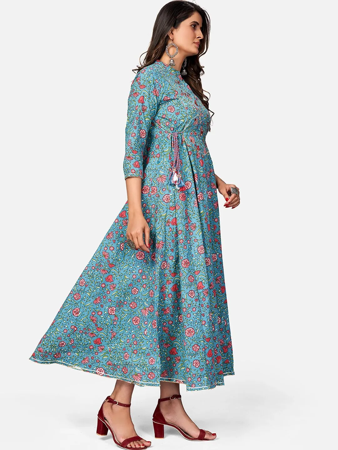 Women'S Printed & Embroidered Anarkali Cotton Turquoise Kurta (1Pc)