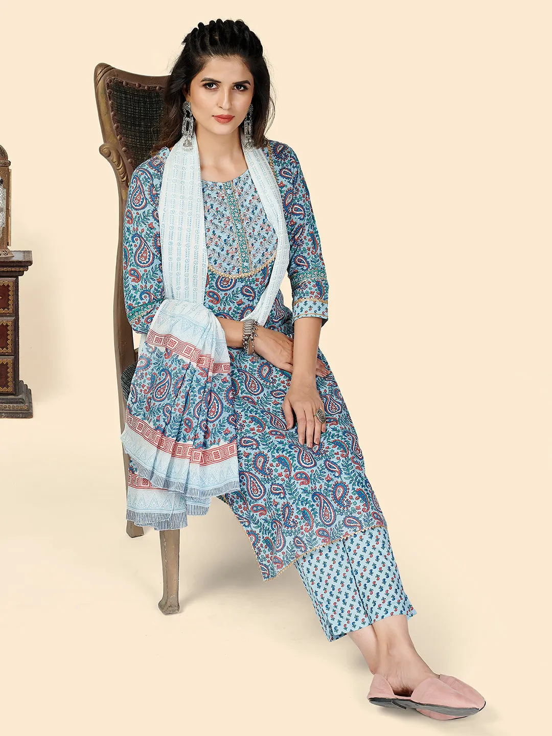 Women'S Printed & Embroidered Straight Cotton Blue Stitched Kurta Pant With Dupatta