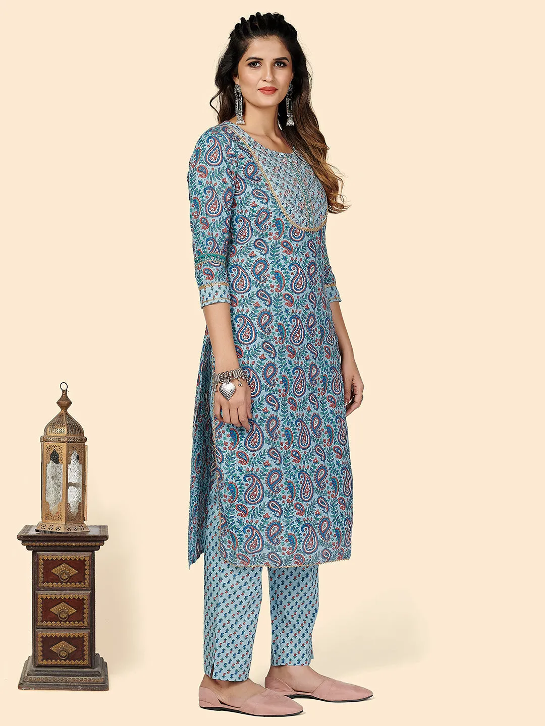 Women'S Printed & Embroidered Straight Cotton Blue Stitched Kurta Pant With Dupatta