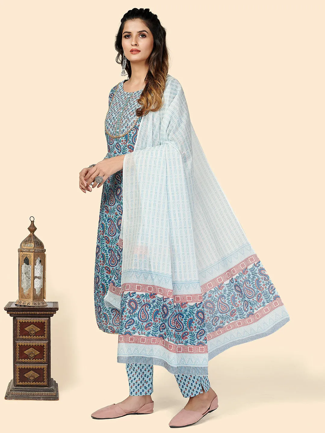 Women'S Printed & Embroidered Straight Cotton Blue Stitched Kurta Pant With Dupatta