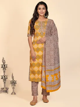 Women'S Printed & Embroidered Straight Cotton Mustard Stitched Kurta Pant With Dupatta