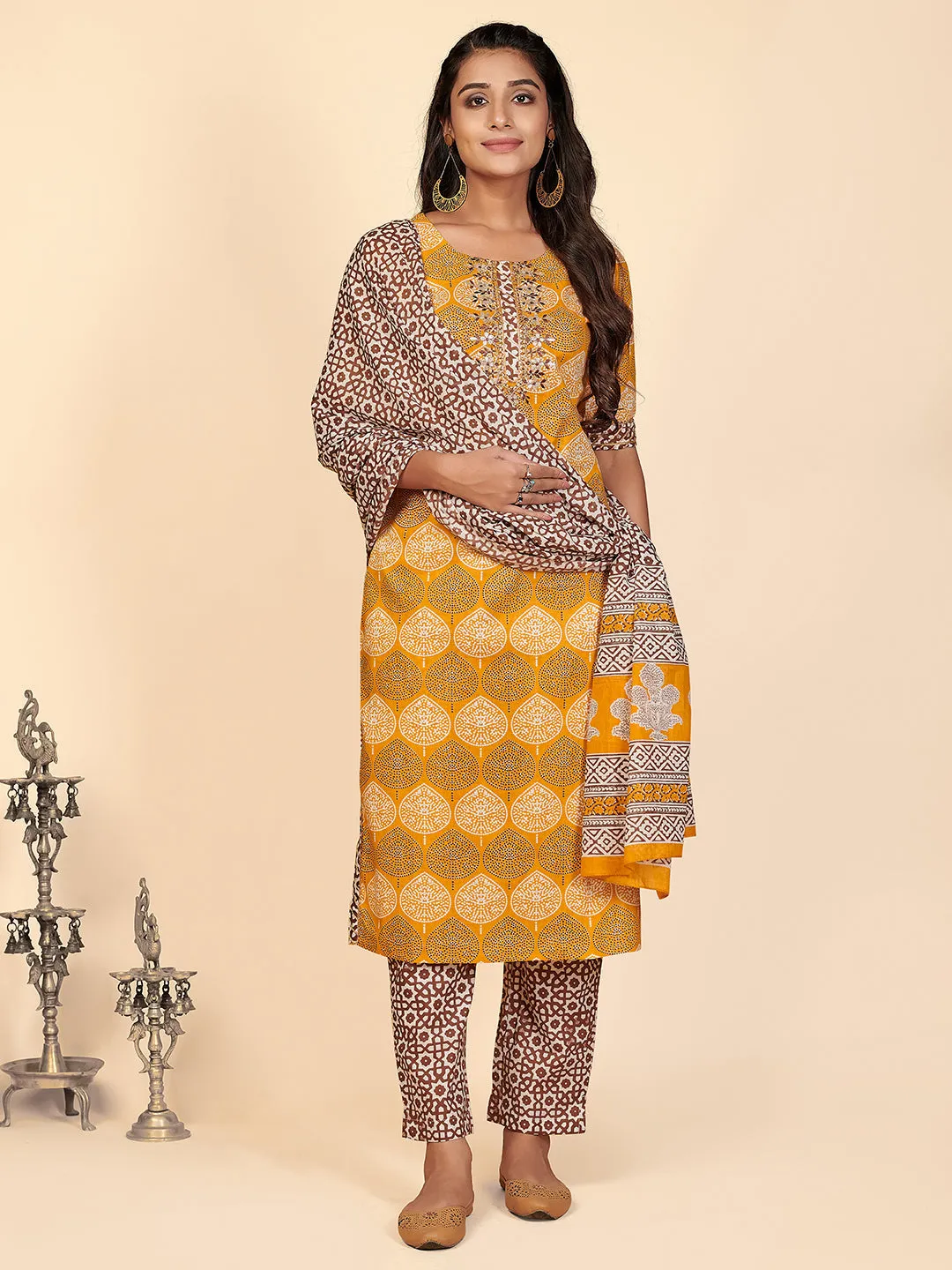 Women'S Printed & Embroidered Straight Cotton Mustard Stitched Kurta Pant With Dupatta