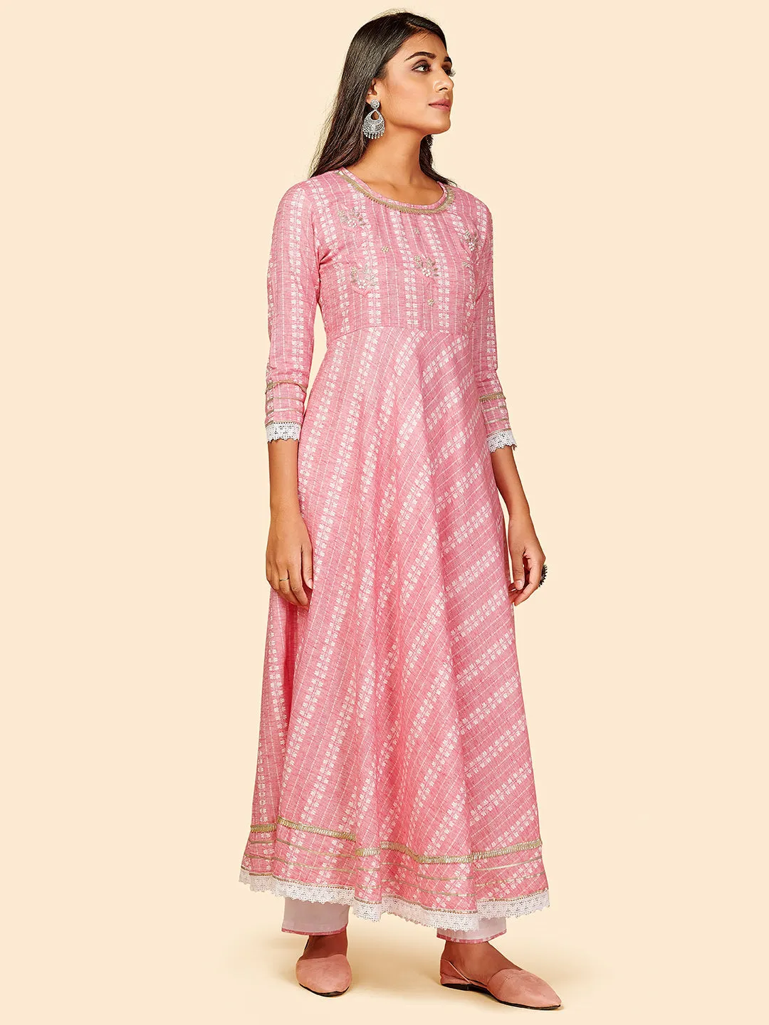 Women'S Printed & Hand Work Anarkali Yarn Dyed Light Pink Stitched Kurta Pant With Dupatta