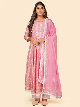 Women'S Printed & Hand Work Anarkali Yarn Dyed Light Pink Stitched Kurta Pant With Dupatta