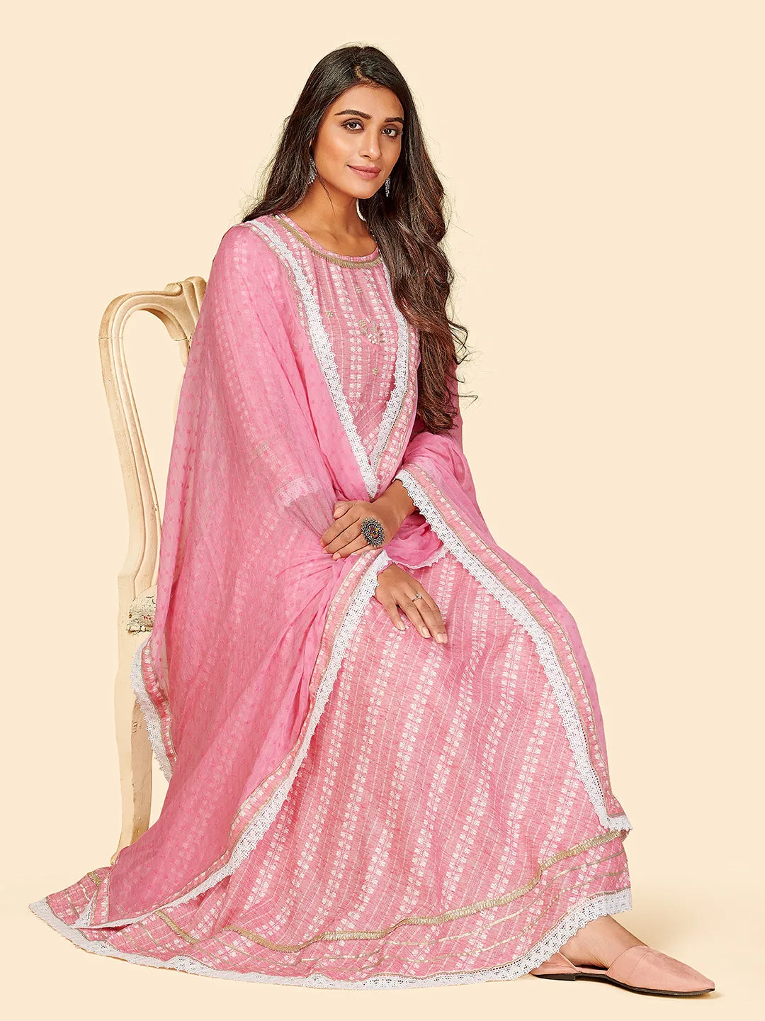 Women'S Printed & Hand Work Anarkali Yarn Dyed Light Pink Stitched Kurta Pant With Dupatta