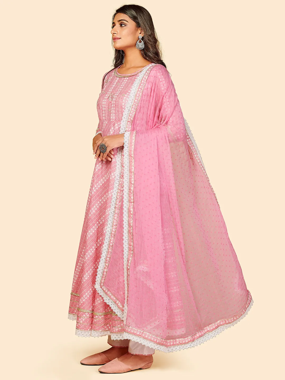 Women'S Printed & Hand Work Anarkali Yarn Dyed Light Pink Stitched Kurta Pant With Dupatta