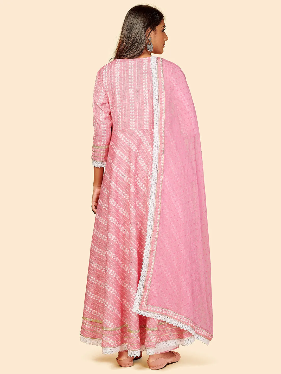 Women'S Printed & Hand Work Anarkali Yarn Dyed Light Pink Stitched Kurta Pant With Dupatta