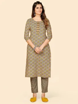 Women'S Printed & Hand Work Straight Cotton Grey Stitched Kurta With Pant