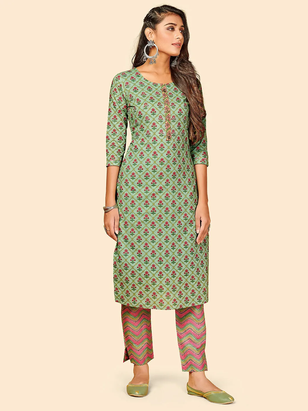 Women'S Printed & Hand Work Straight Cotton See Green Stitched Kurta With Pant