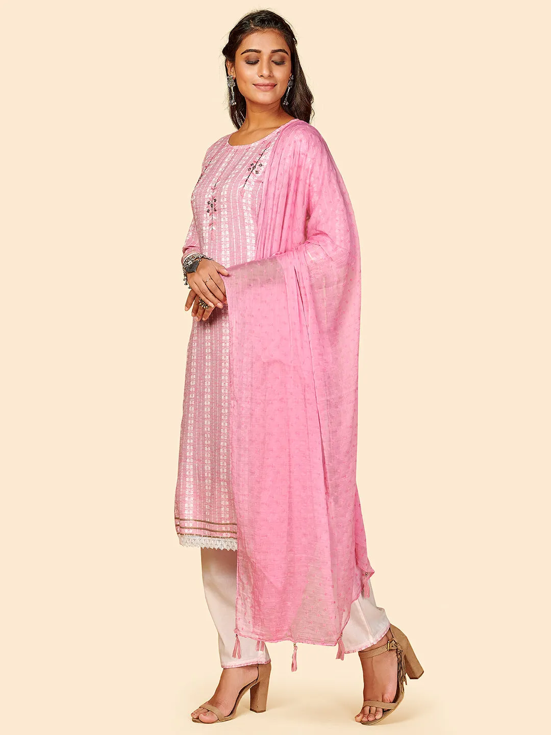 Women'S Printed & Hand Work Straight Yarn Dyed Pink Stitched Kurta Pant With Dupatta