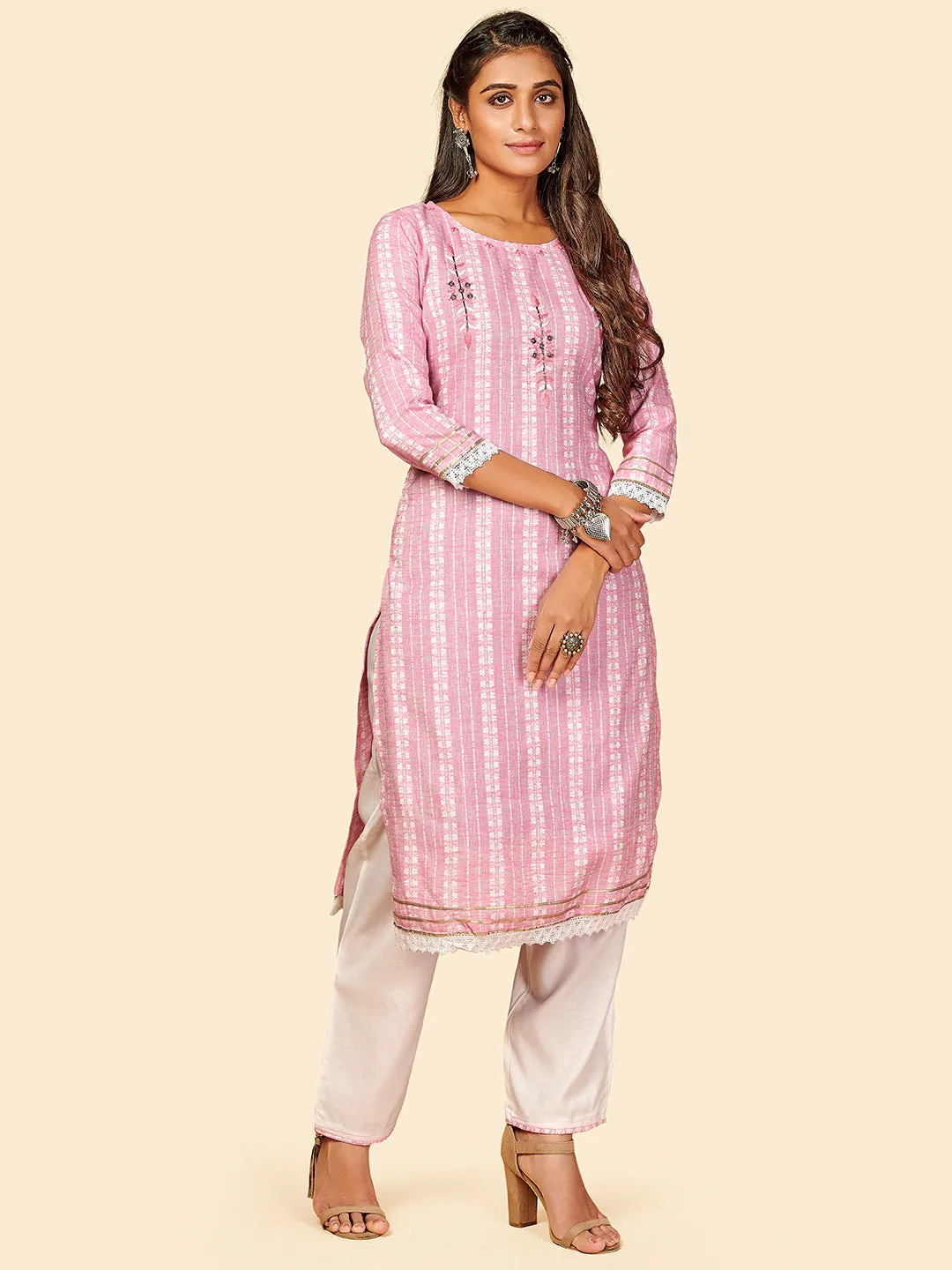 Women'S Printed & Hand Work Straight Yarn Dyed Pink Stitched Kurta Pant With Dupatta