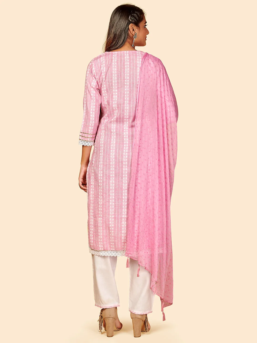 Women'S Printed & Hand Work Straight Yarn Dyed Pink Stitched Kurta Pant With Dupatta