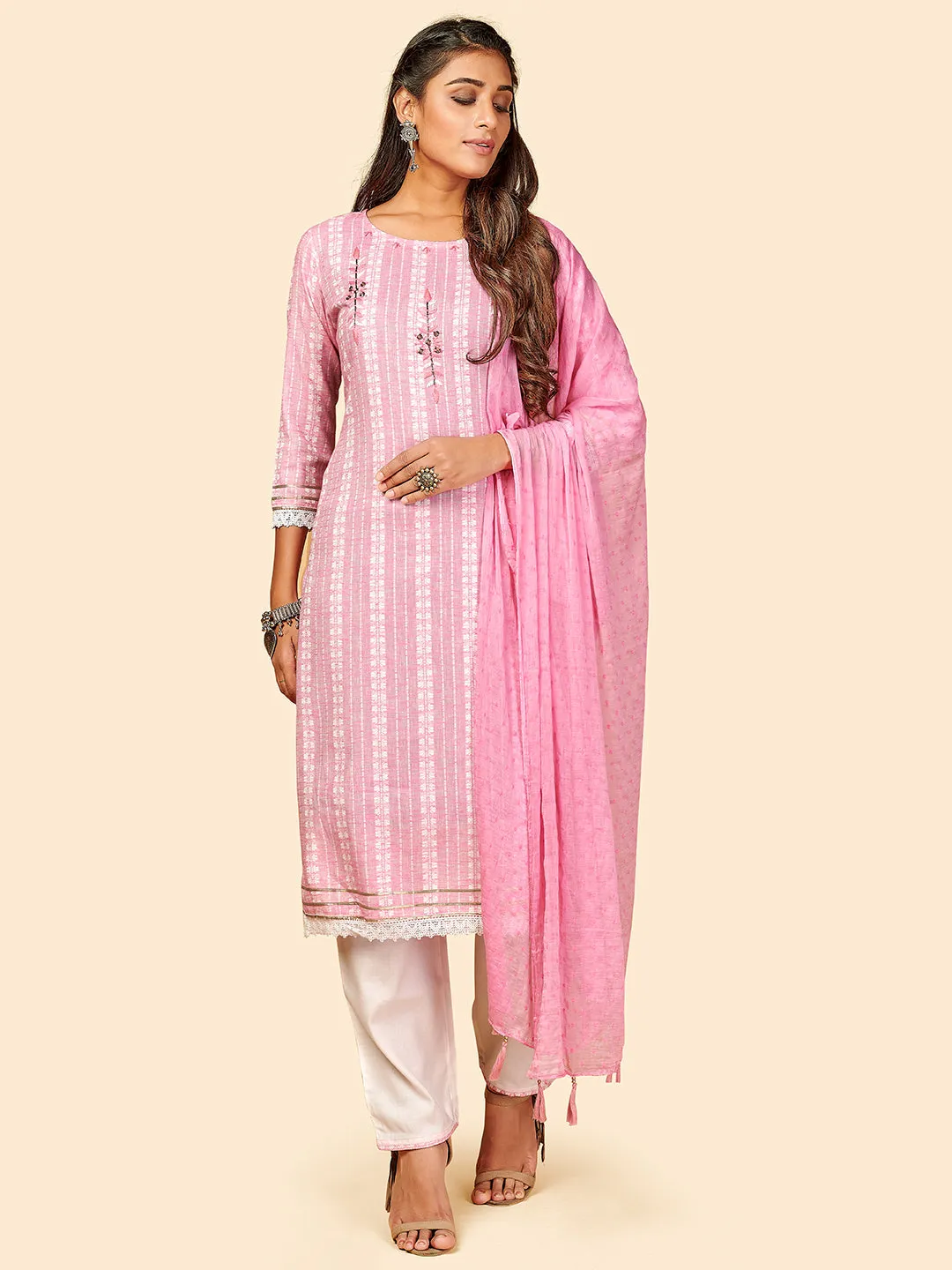 Women'S Printed & Hand Work Straight Yarn Dyed Pink Stitched Kurta Pant With Dupatta