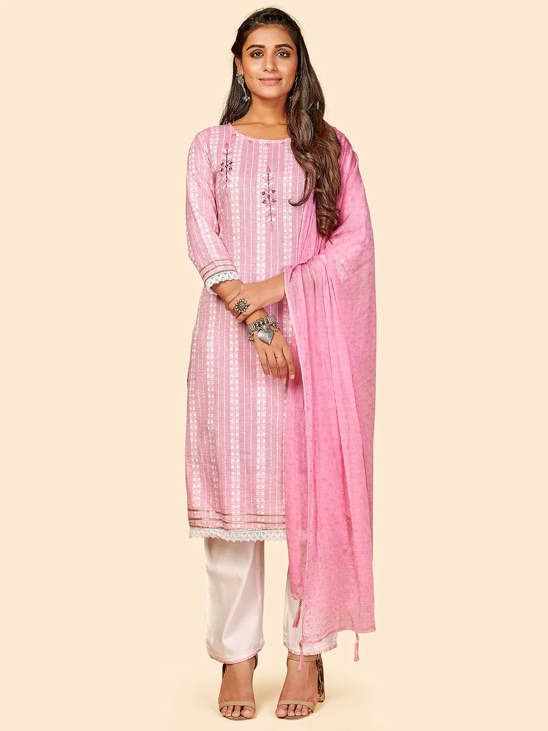 Women'S Printed & Hand Work Straight Yarn Dyed Pink Stitched Kurta Pant With Dupatta