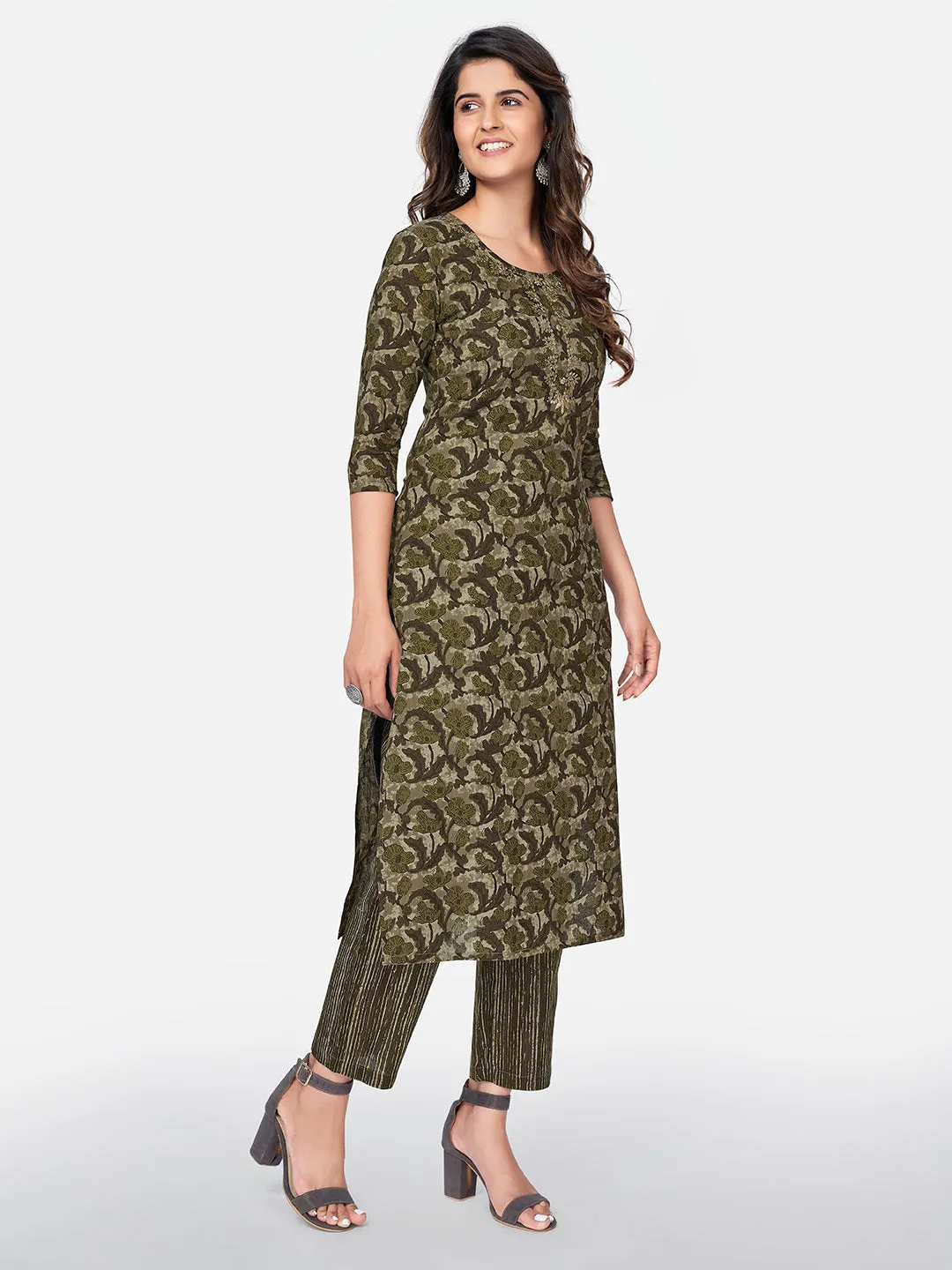 Women'S Printed & Pitan Work Straight Cotton Green Kurta Pant With Dupatta