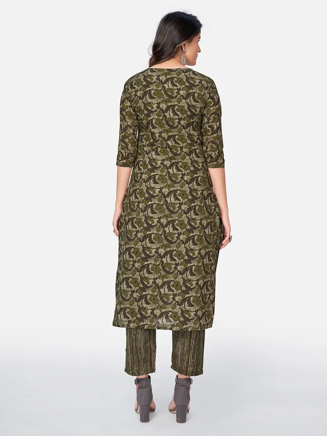 Women'S Printed & Pitan Work Straight Cotton Green Kurta Pant With Dupatta