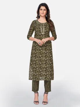 Women'S Printed & Pitan Work Straight Cotton Green Kurta Pant With Dupatta