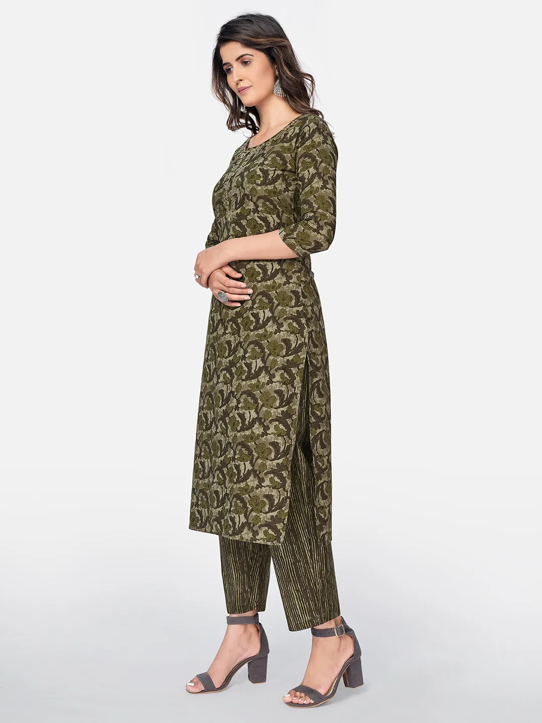 Women'S Printed & Pitan Work Straight Cotton Green Kurta Pant With Dupatta