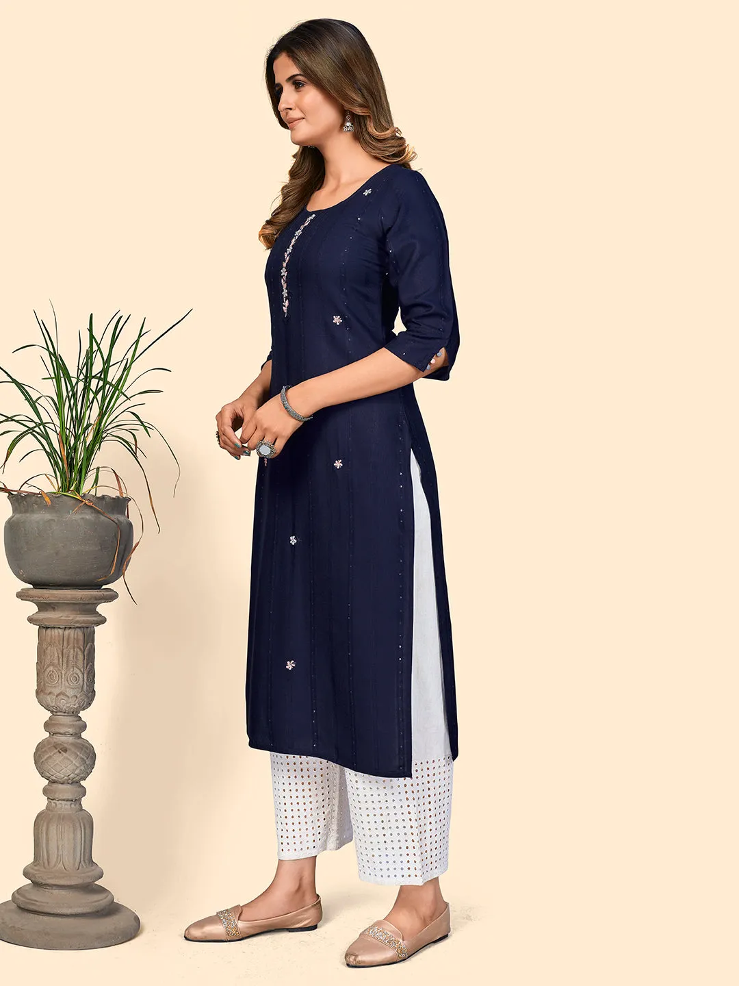 Women'S Sequience & Hand Work Straight Viscose Navy Blue Stitched Kurta