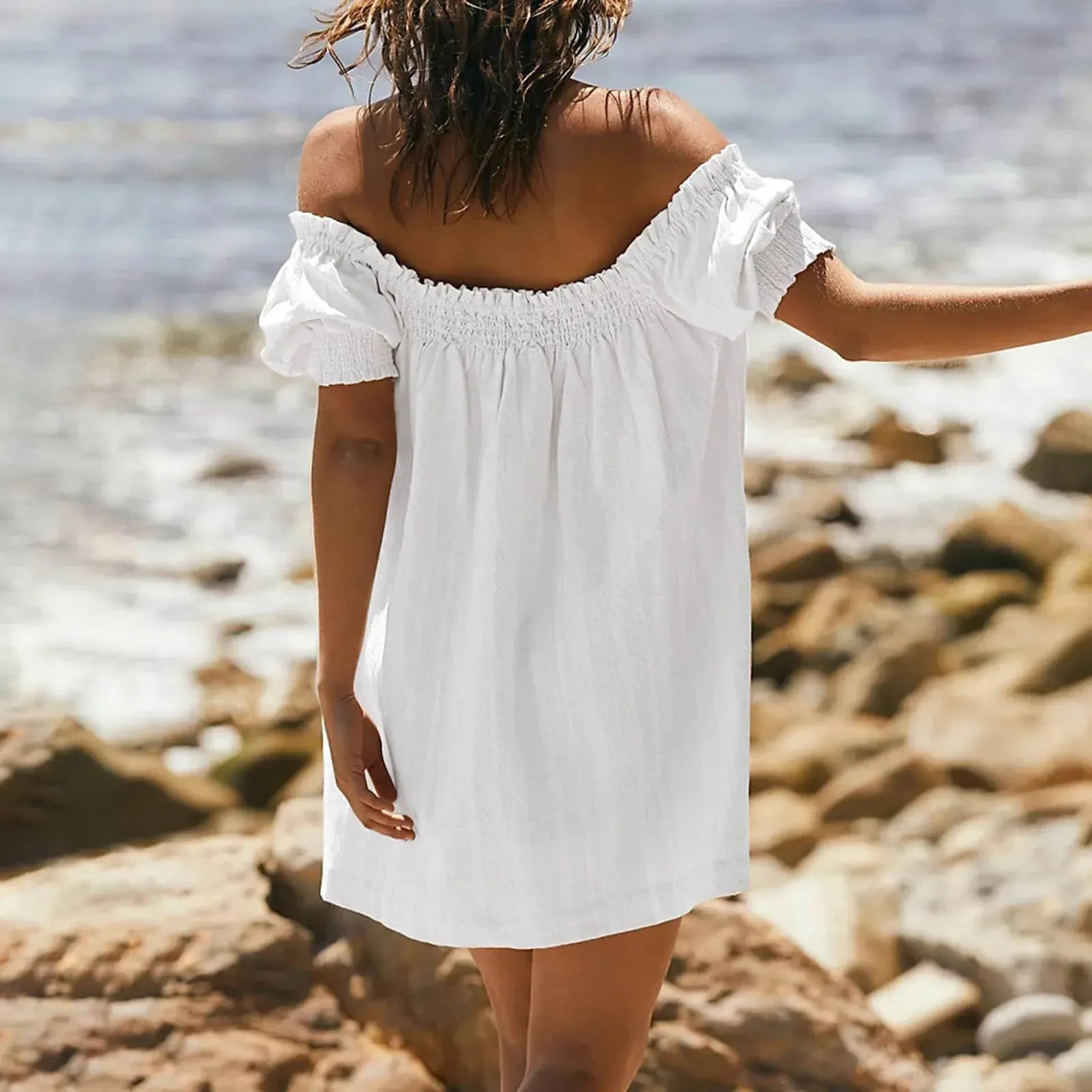 Womens Summer White Mini Dress A Line Beach Dress Sleeveless Casual Loose Dress With Pockets Vestidos Femme Robe