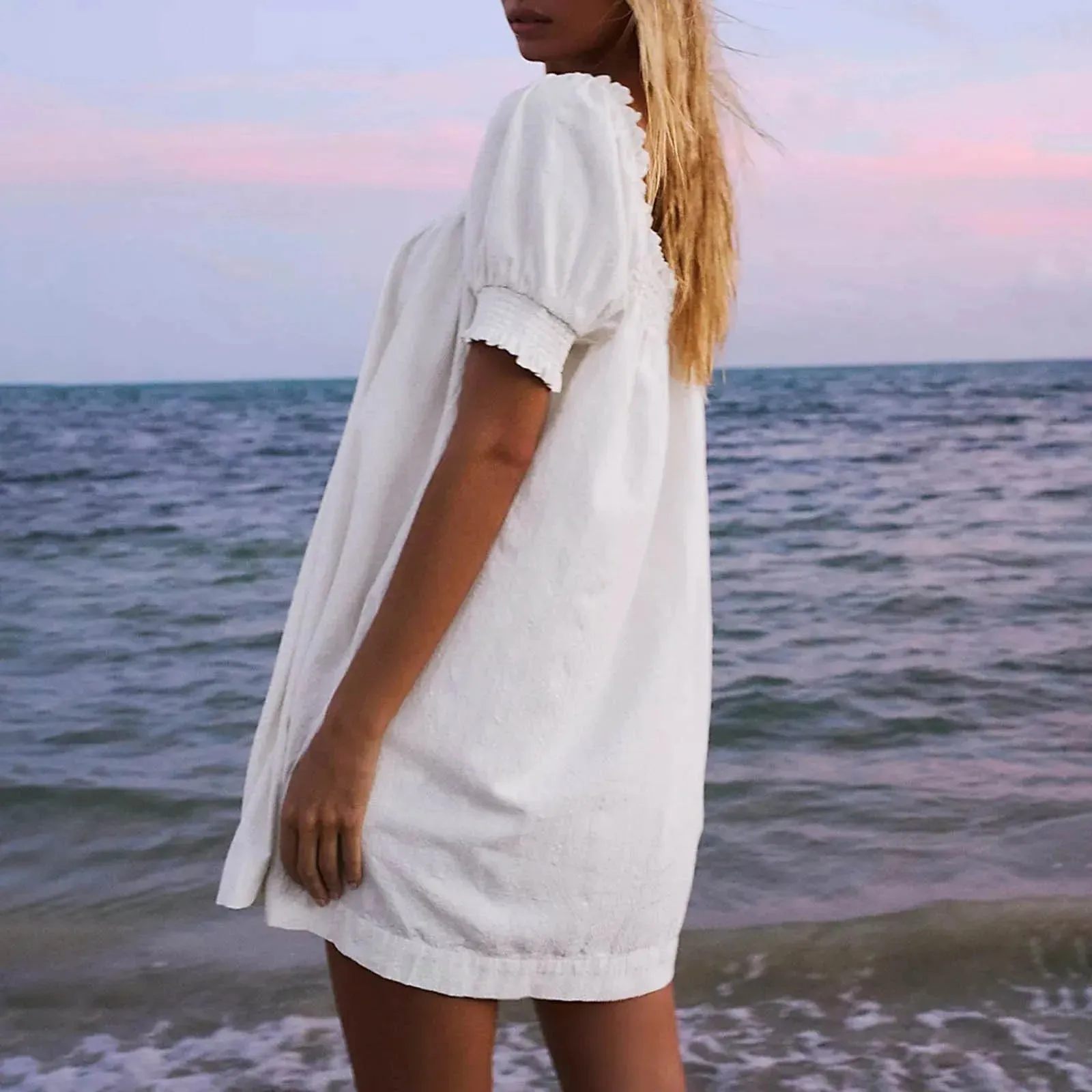 Womens Summer White Mini Dress A Line Beach Dress Sleeveless Casual Loose Dress With Pockets Vestidos Femme Robe