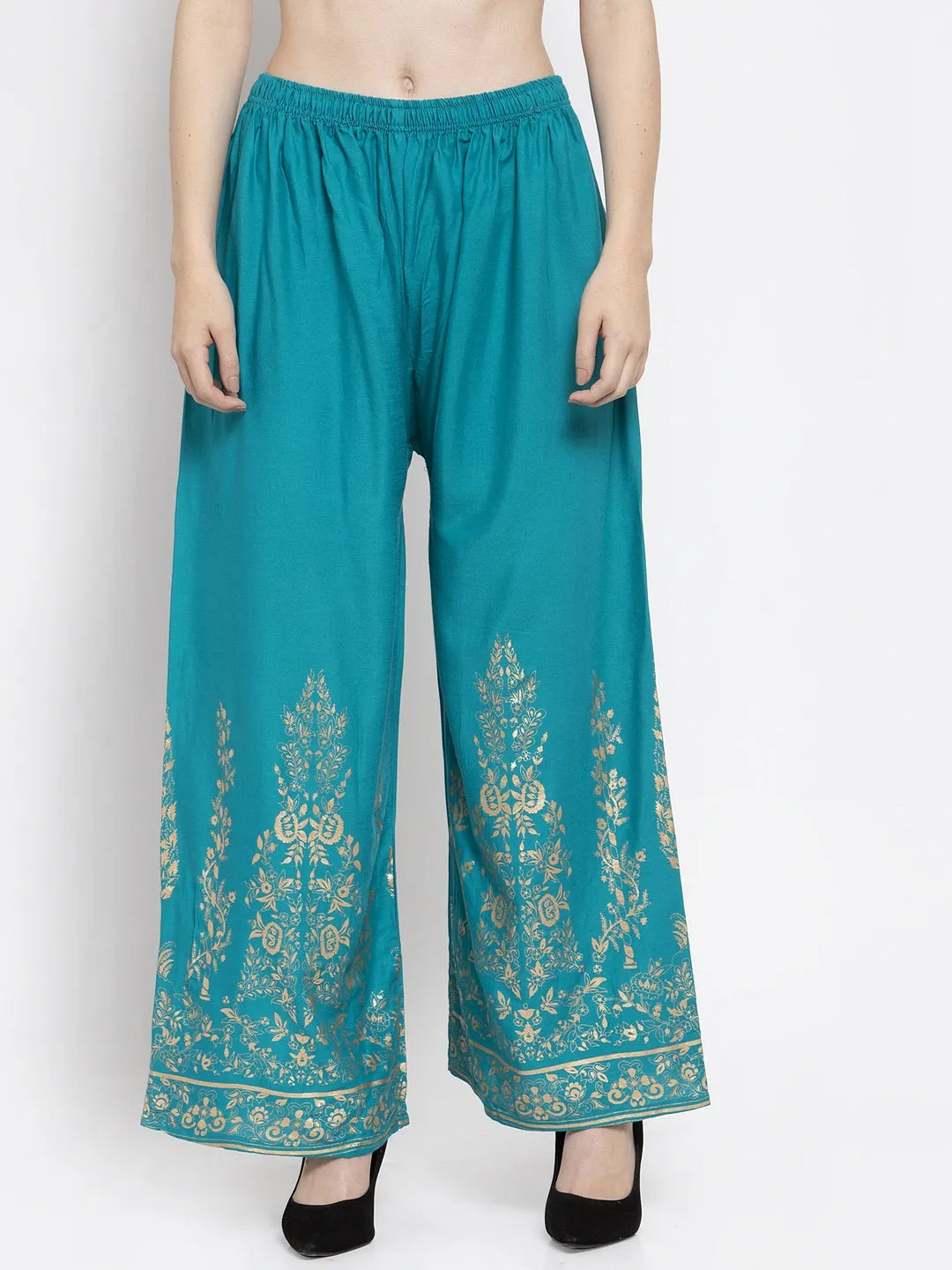 Women'S Turquoise Straight Printed Rayon Palazzo